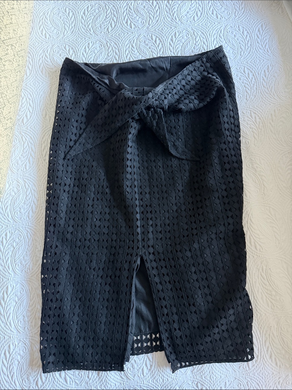 Jenni Kayne High Rise Cotton Silk Lace Eyelet Midi Tie Waist Wrap Pencil Skirt